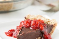 Chilled Dark Chocolate Pie with Toasted Almond Crust and Strawberry Vanilla Compote veganrecipes-6857