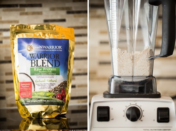 Sunwarrior Warrior Blend Protein Powder added to the blender