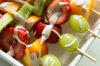 Creamy Cherry Pie Fruit Dip with Rainbow Fruit Kabobs