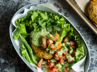 Moroccan Yam Veggie Burgers with Cilantro Lime Tahini Sauce