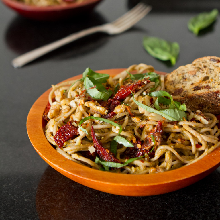 Lightened Up Sundried Tomato Basil Pesto Pasta