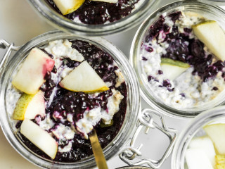 Coconut-Cardamom Vegan Overnight Oat Parfait with Blueberry Chia Seed Jam