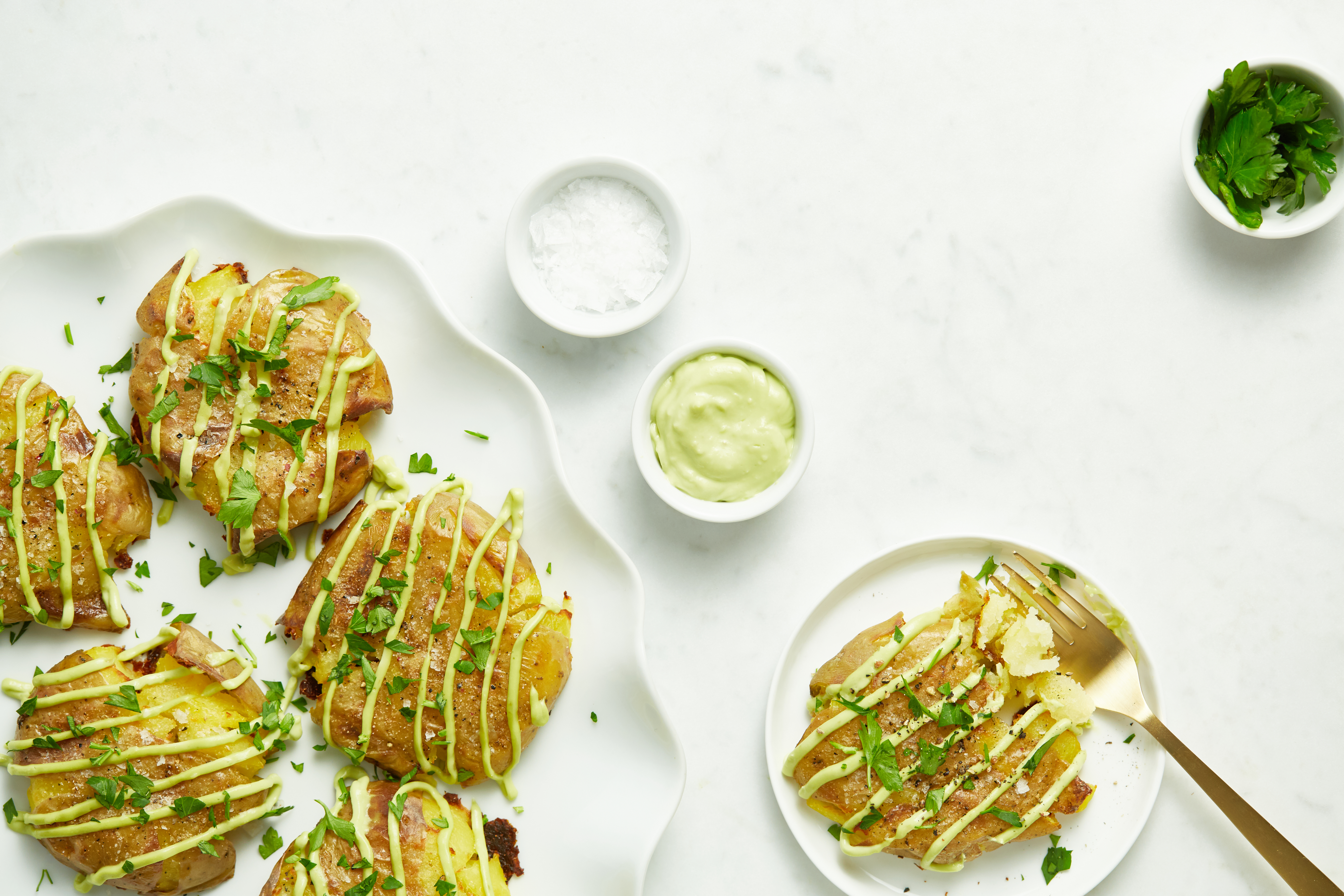 Smashed Potatoes with Avocado Garlic Dip - Lucy & Lentils