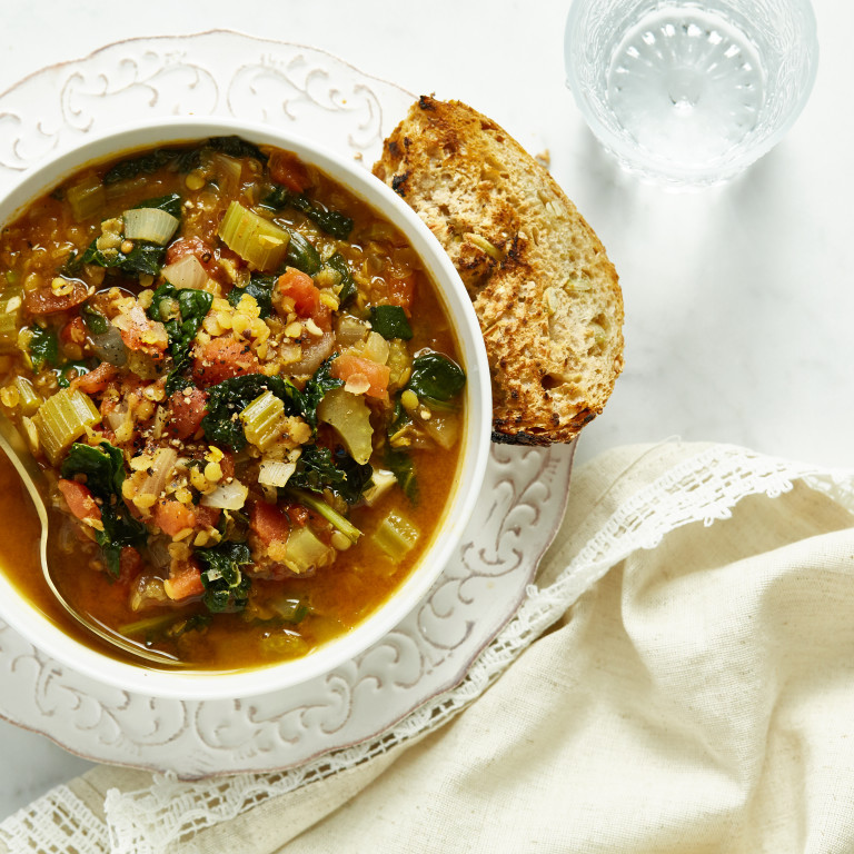 Spiced Red Lentil Tomato and Kale Soup