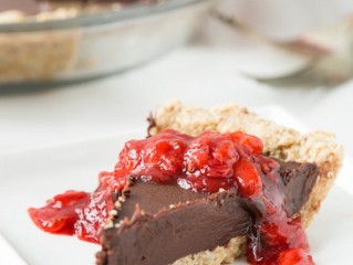 Chilled Dark Chocolate Pie with a Toasted Almond Crust and Strawberry Vanilla Compote