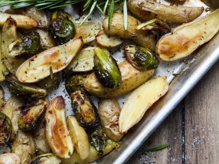 Roasted Fingerling Potatoes and Brussels Sprouts with Rosemary and Garlic