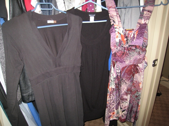(l to r) Wilfred long sleeved empire black dress, Wet Seal 3/ length sleeved runic dress, Miss Sixty floral empire