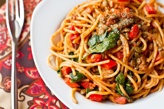 Olive Oil Pasta with Walnuts, Lentils, and Red Peppers — Oh She Glows