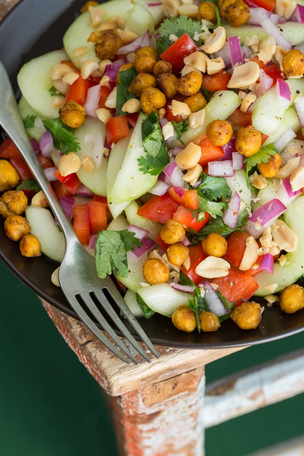 thai-inspired hydrating cucumber salad with roasted spiced chickpeas