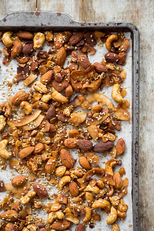 smoky & spicy nut, sesame, and coconut ‘bacon’ bar nuts