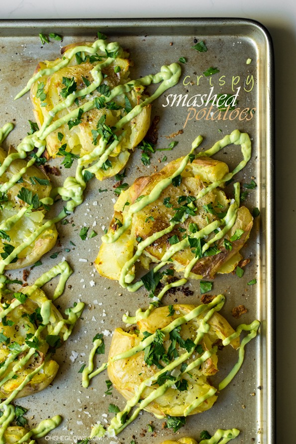 Smashed Potatoes with Avocado Garlic Dip - Lucy & Lentils