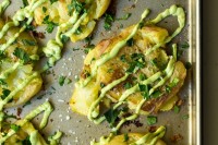 Crispy Smashed Potatoes with Avocado Garlic Aioli