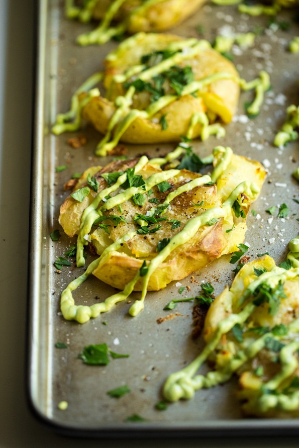 Smashed Potatoes with Avocado Garlic Dip - Lucy & Lentils