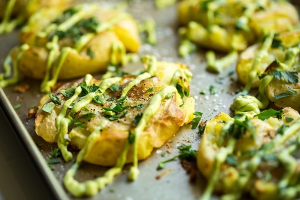 Smashed Potatoes with Avocado Garlic Dip - Lucy & Lentils