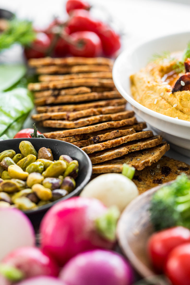 Hummus, Vegetables, and Crackers Marble Charcuterie Board