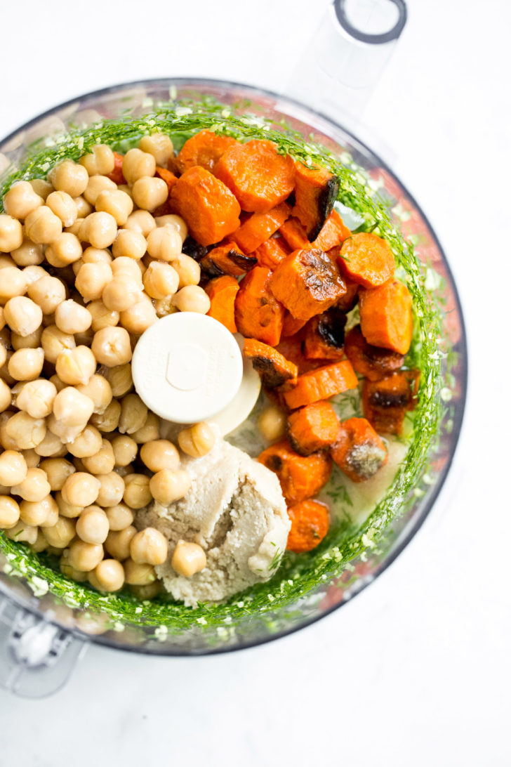 Roasted Carrot and Dill Hummus ingredients in Food Processor