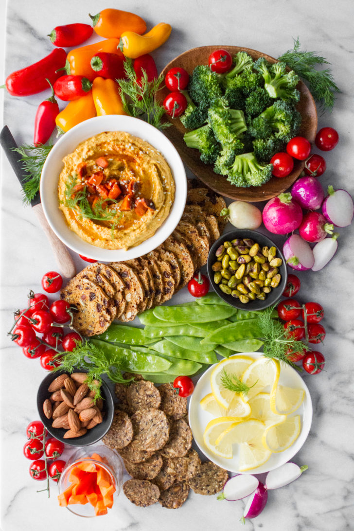 Hummus, Vegetables, and Crackers Marble Charcuterie Board